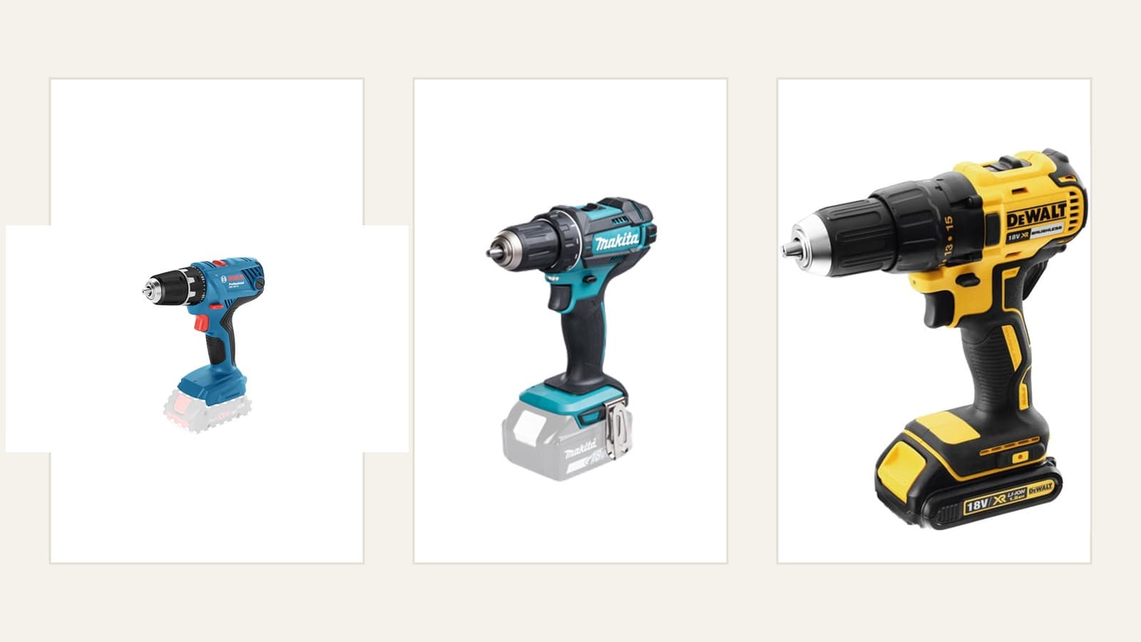 Comparatif Bosch Makita DeWalt avec trois perceuses visseuses