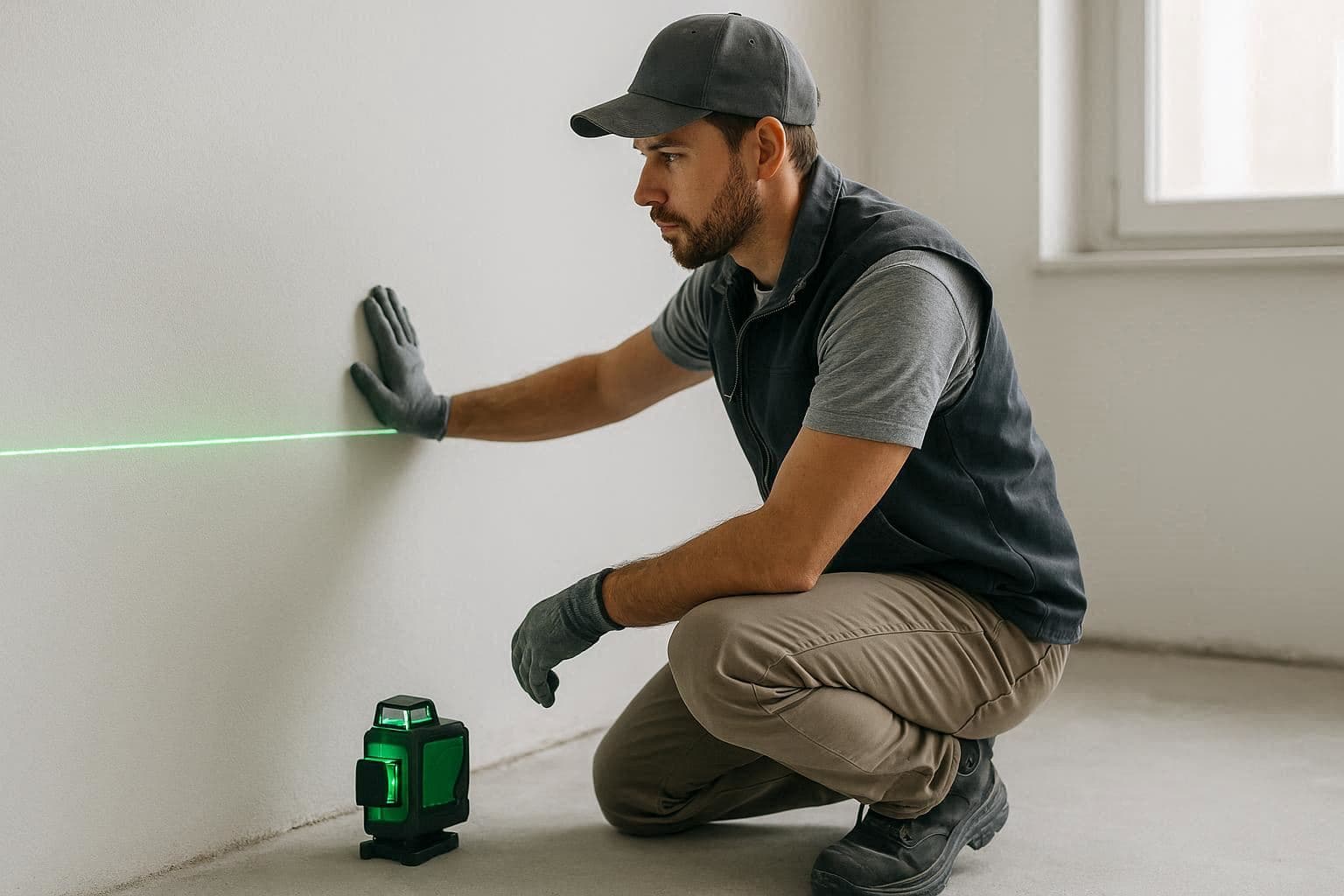 Niveau laser en usage sur un chantier intérieur de rénovation maison