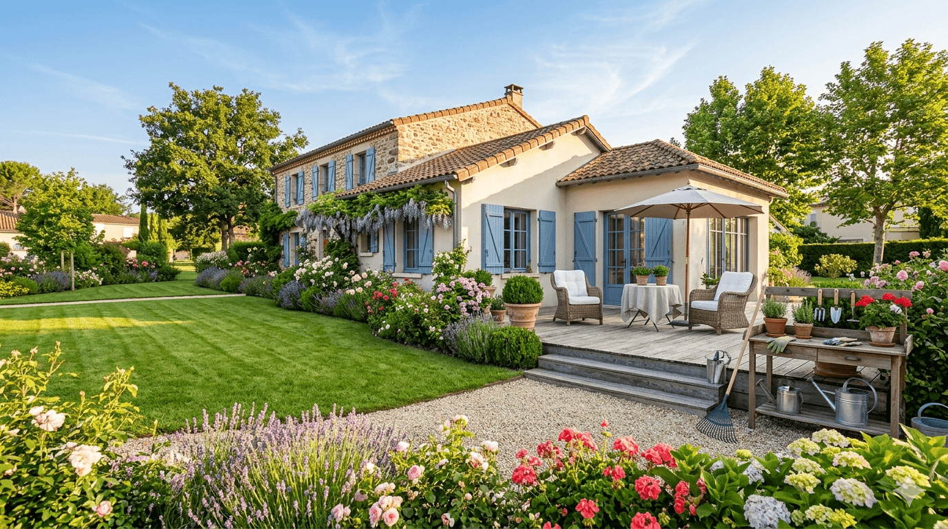 Photo d'un jardin familial entretenu et fleuri au printemps